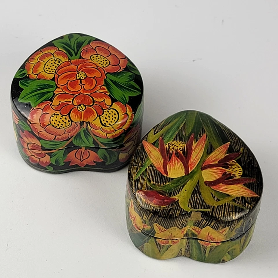 Hand Painted Heart Trinket Boxes Pair Kashmir Floral Art Jewelry Gift India 80s - Image 2 of 4