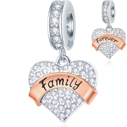 Dijes colgantes de corazón Family Forever de oro rosa en plata de ley 925, se adapta a Pando - Imagen 1 de 3