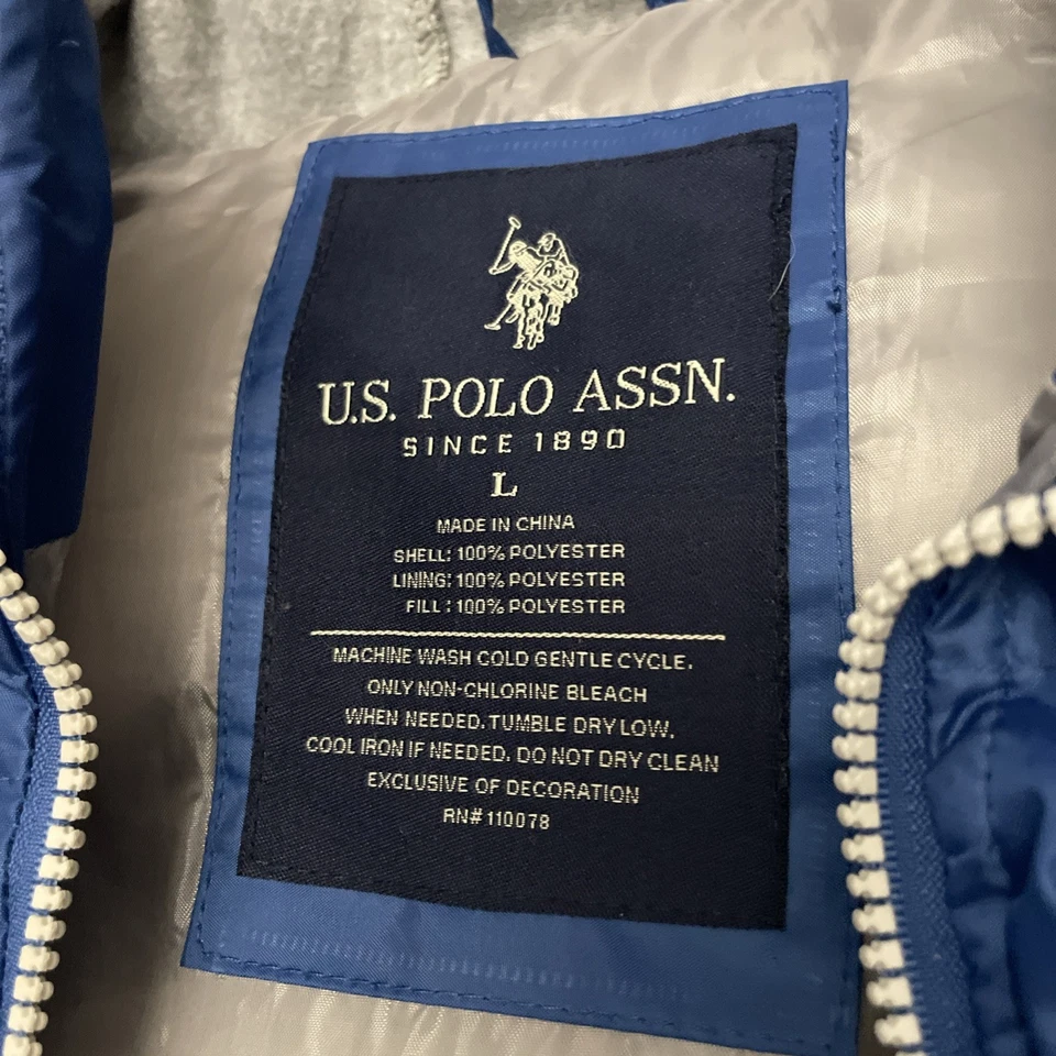 US Polo Assn Men’s Sz Large Puffer  Hooded Vest Double Riders Logo Blue Gray - Image 3 of 4