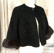 Vintage 50  s 60  s Black Persian Lamb Mink Fur Cuff Capelet Crop Jacket Sz S/M