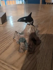 John Perry ORCA Sculpture KILLER WHALES On Burl Wood Art Figurine 4 1/2 X 3 1/2