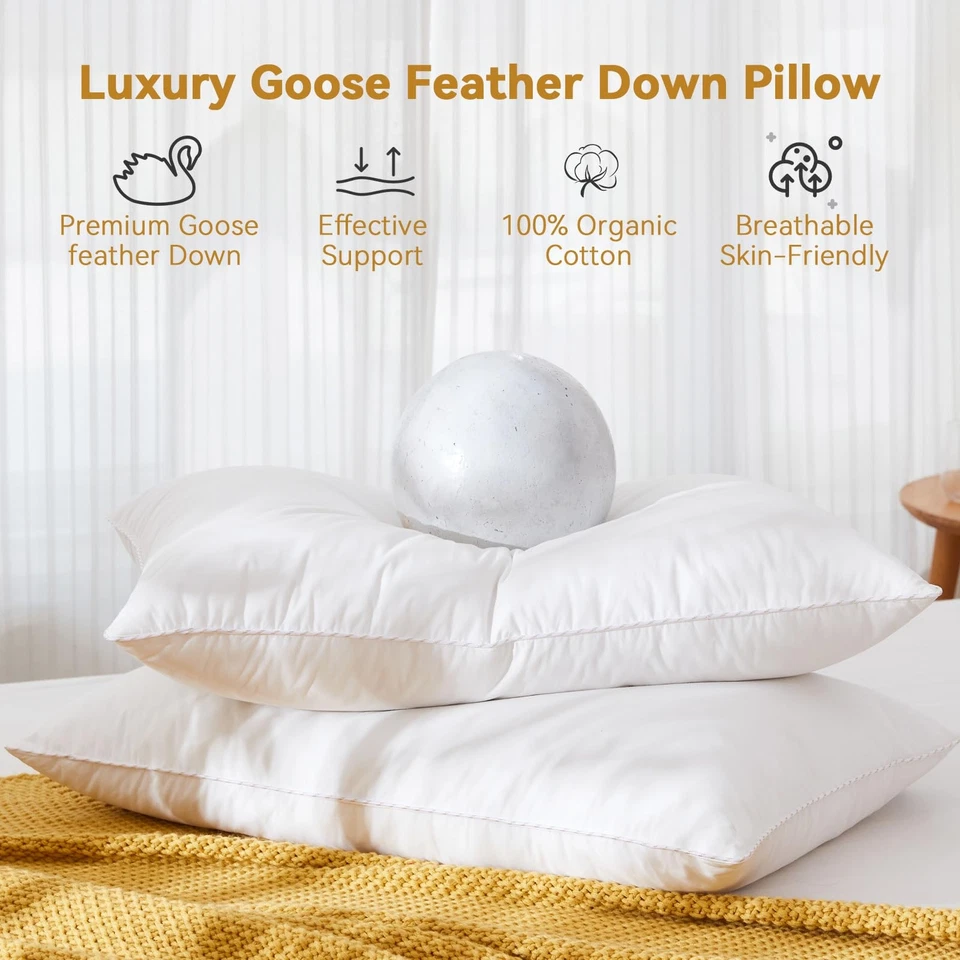 Goose Feather Down Pillow King Size of 2,Ultra Soft 100% Organic Cotton Fabri... - Image 2 of 4