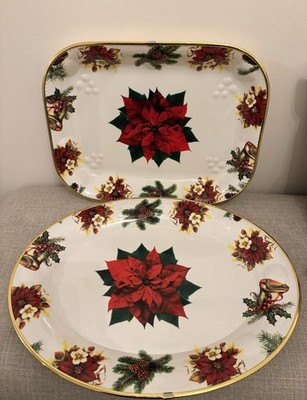 Far East Brokers Poinsettia Holiday Serving Platters Set of 2 Heavy Duty Plastic