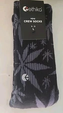Ethika Crew Socks, Men’s Large 9-12, Black With Gray Weed Leaf, Herb, New