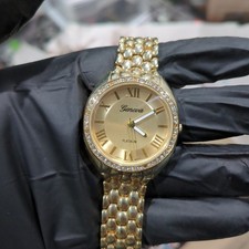 Working Geneva Platinum Gold Tone Quartz Women's Watch 34mm Fit 6.5 New Battery