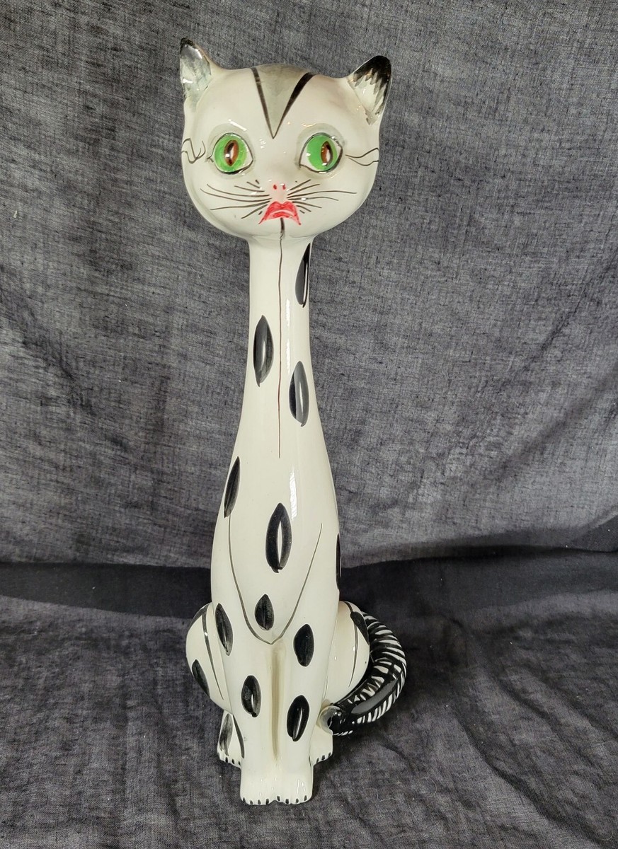 Vintage MCM Ceramic Long Neck Green Eyed Sad Face Cat Figurine