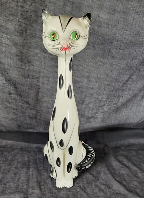 Vintage MCM Ceramic Long Neck Green Eyed Sad Face Cat Figurine Vintage MCM Ceramic Long Neck Green Eyed Sad Face Cat Figurine