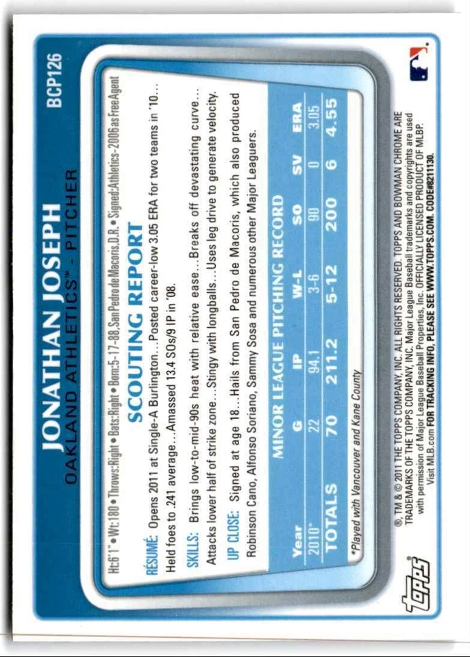 2011 Bowman Chrome Prospects Jonathan Joseph ` Oakland Athletics #BCP126 - Image 2 of 2