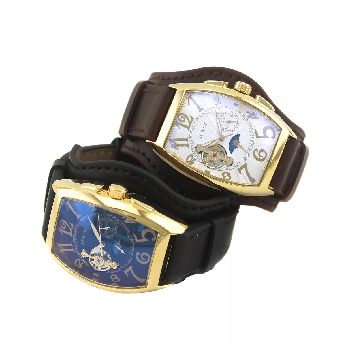 Mechanical Automatic gents Wrist watch Sewor Fashion Mens Moon Phase Tonneau 577