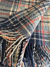 Vtg Hourihan Wool Throw Blanket Ireland Plaid Fringed 1970s Navy Blue 73x62