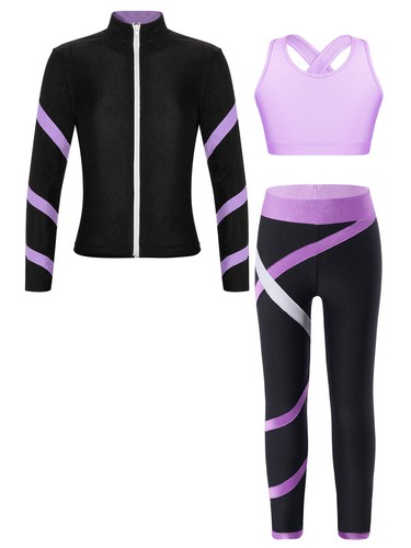 Child Girls Outfit 3Pcs Tracksuits Stripe Set Pants Vest Long Sleeve Leggings - Picture 34 of 47