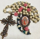 Our Lady of Guadalupe Rosary Cream Jade Beads Coral Roses Bronze Catholic Gift
