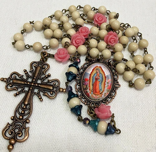 Our Lady Of Guadalupe Rosary Ivory Jade Gemstones and Coral Roses - Bronze Vinta