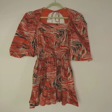 Love the Label Dress Womens Large Orange Multi Tiger Striped Puff Sleeve Mini