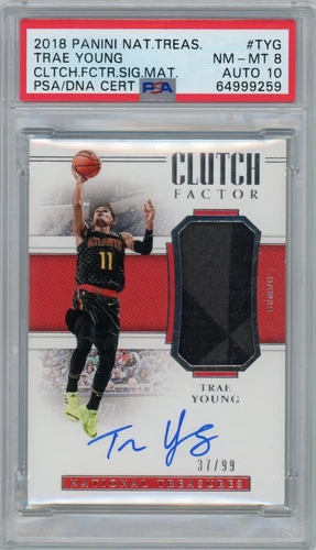 2018 National Treasures Trae Young Clutch Factor Auto Jersey RPA 37/99 PSA 8/ 10
