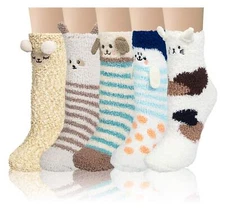 5 Pairs Womens Fuzzy Socks Cozy Soft Fluffy Cute Cat Animal Winter Warm Slipp...