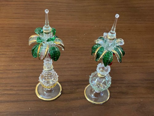2X Mouth Blown EGYPTIAN Perfume Bottles Pyrex Glass Gold Paint Palm Shape 6.6" - Picture 2 of 10