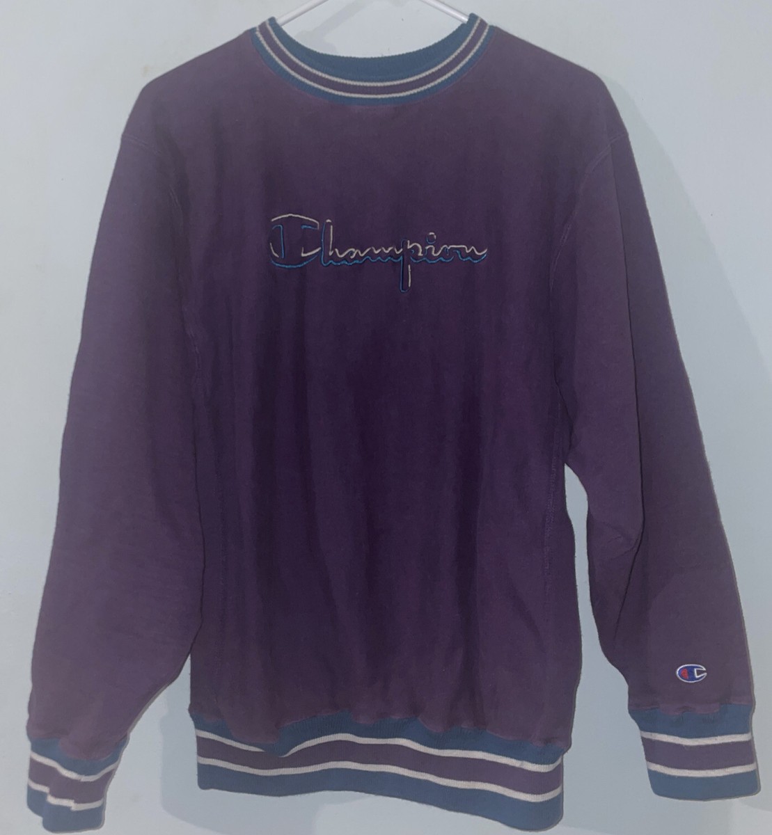 Vintage 90s Champion Reverse Weave Purple Turquoise Ringer 