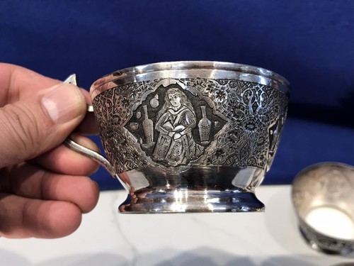 Hand Engraved Middle Eastern Tea&Coffee Cup Holder Set,84 SOLID Silver 752 grams - Picture 7 of 22