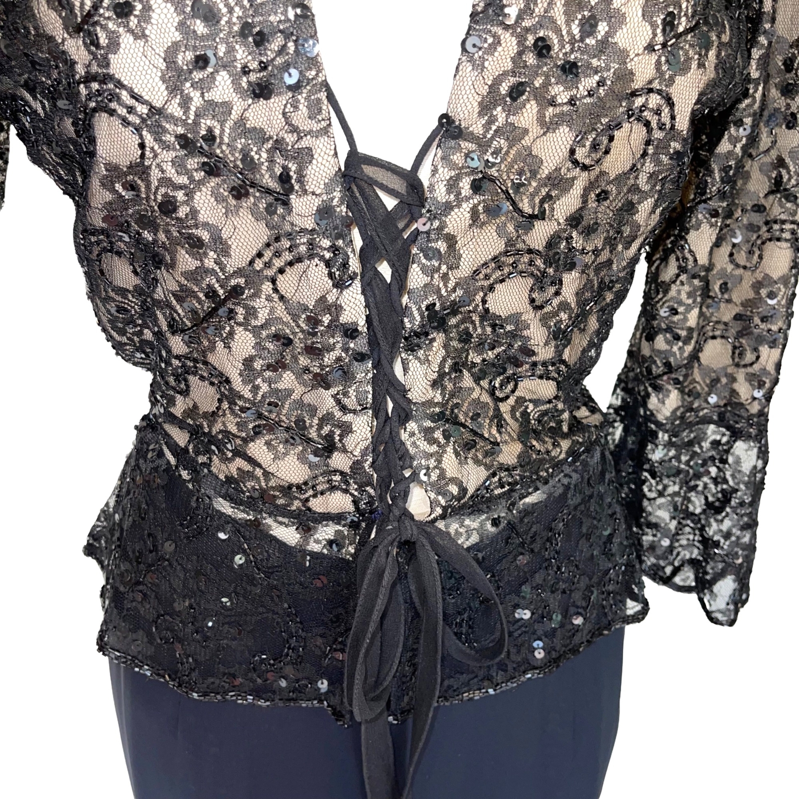 Cache Top Pants Set Womens Vintage Size Medium Black Rayon Nylon Lace Corset 90s