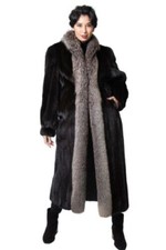 Natural Ranch Letout Mink Fur 51" Coat With Indigo Fox Fur Trim Size 16
