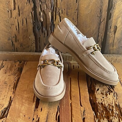 Steve Madden Women Karmine Flat Loafers Size 11 Tan Suede Slip On Gold  Chain