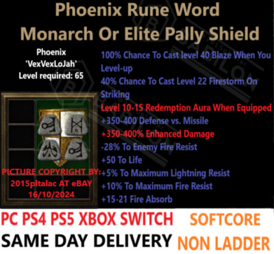   PC PS4 PS5 XBOX SWITCH   Phoenix Shield Non LD Diablo 2 Resurrected Items D2R