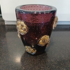 Murano Bullicante Controlled Bubble W/ Applied Gold Flake Prunts 5" Vase