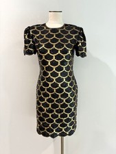 Vintage Laurence Kazar Black Gold Sequin Silk Scallop Mermaid Mini Dress S/M