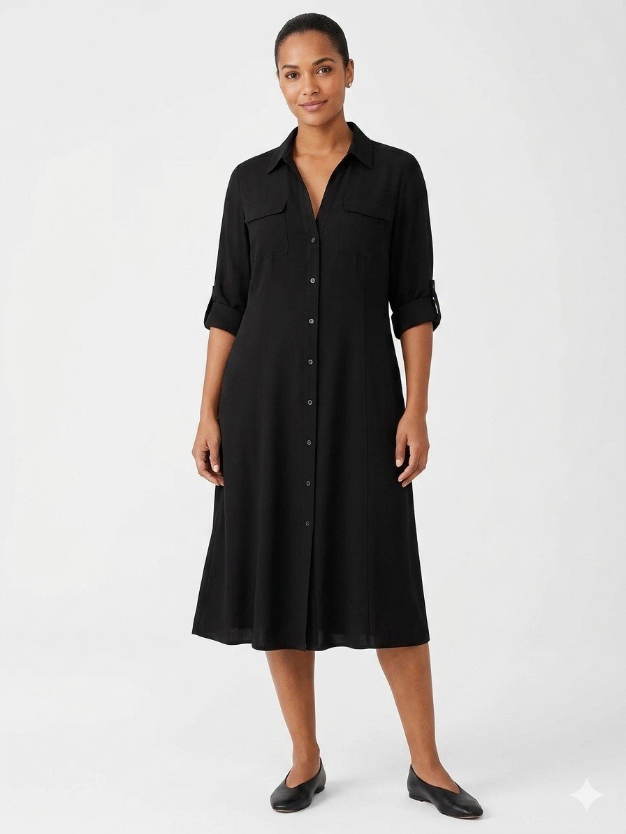 Loro Piana Shirt Dress Stretch Silk Black Button Down V Neck Long Sleeve 48 12