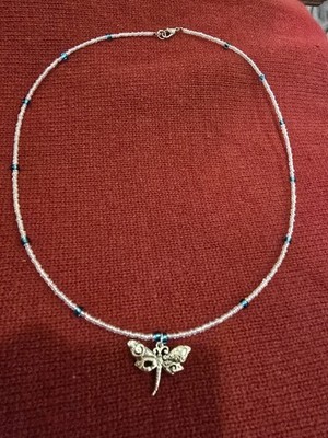Beaded Necklace with Silver Dragonfly Charm, Blue Glass Accents