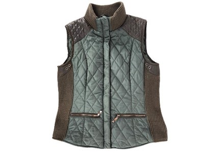 Montana Co Quilted Vest Womens M Olive Green Rib Knit Panels Full Zip Outdoor
