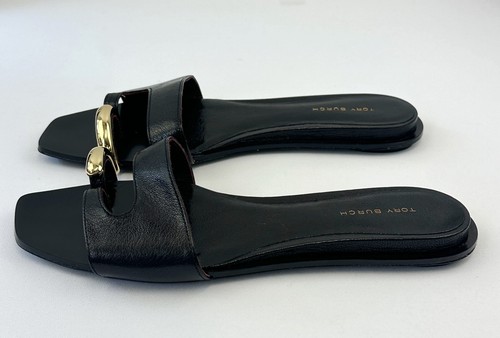TORY BURCH Pierced Leather Slide Sandals 7.5 Black Gold Thong Open Toe NEW - Picture 6 of 12
