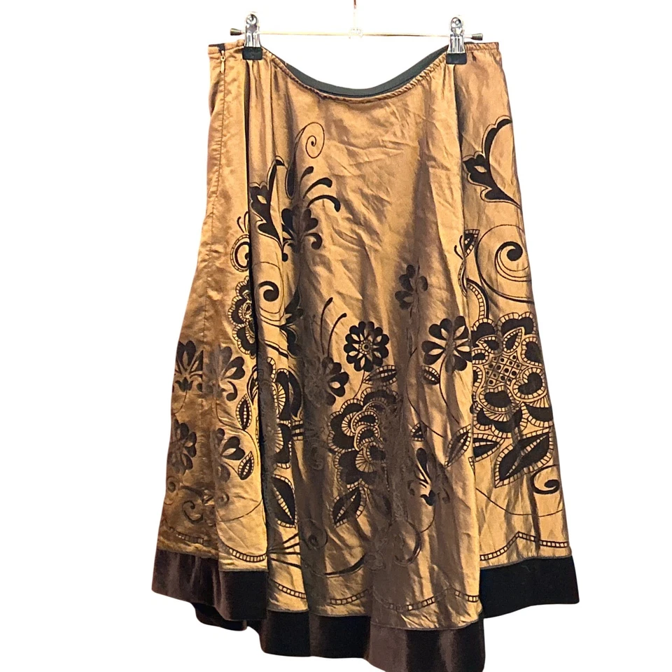 Falda Y2K Vintage MSK Marrón Estampado Floral Línea A Boho Festival Terciopelo Borde Otoño Foto 2 de 4