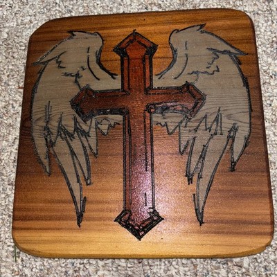 Handcrafted Hand Painted Rustic Christian Cross Angel Wings Wood carving Wal art