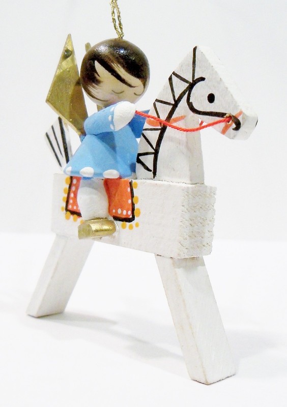 Erzgebirge Style Italy Angel Girl Riding Horse Wooden Wood Vntg Holiday Ornament