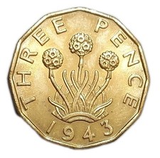 1943 Great Britain Three Pence 3p Threepence UNC Coin 3 KM 849 WWII Era