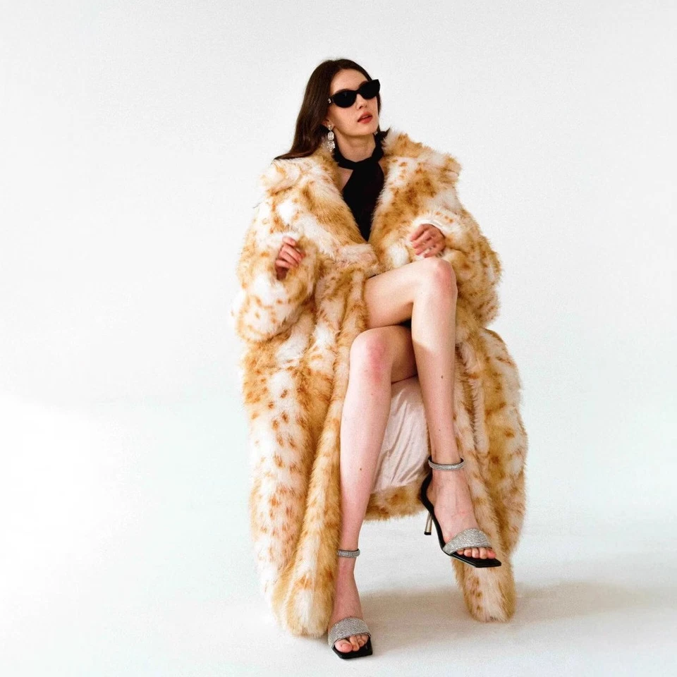 Abrigo de piel con estampado de leopardo americano otoño/invierno traje cuello hasta la rodilla abrigo visón Foto 4 de 4