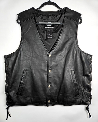 Harley Davidson Mens XL Black Leather Lace Up Sides Vest Embroidered Logo 103819