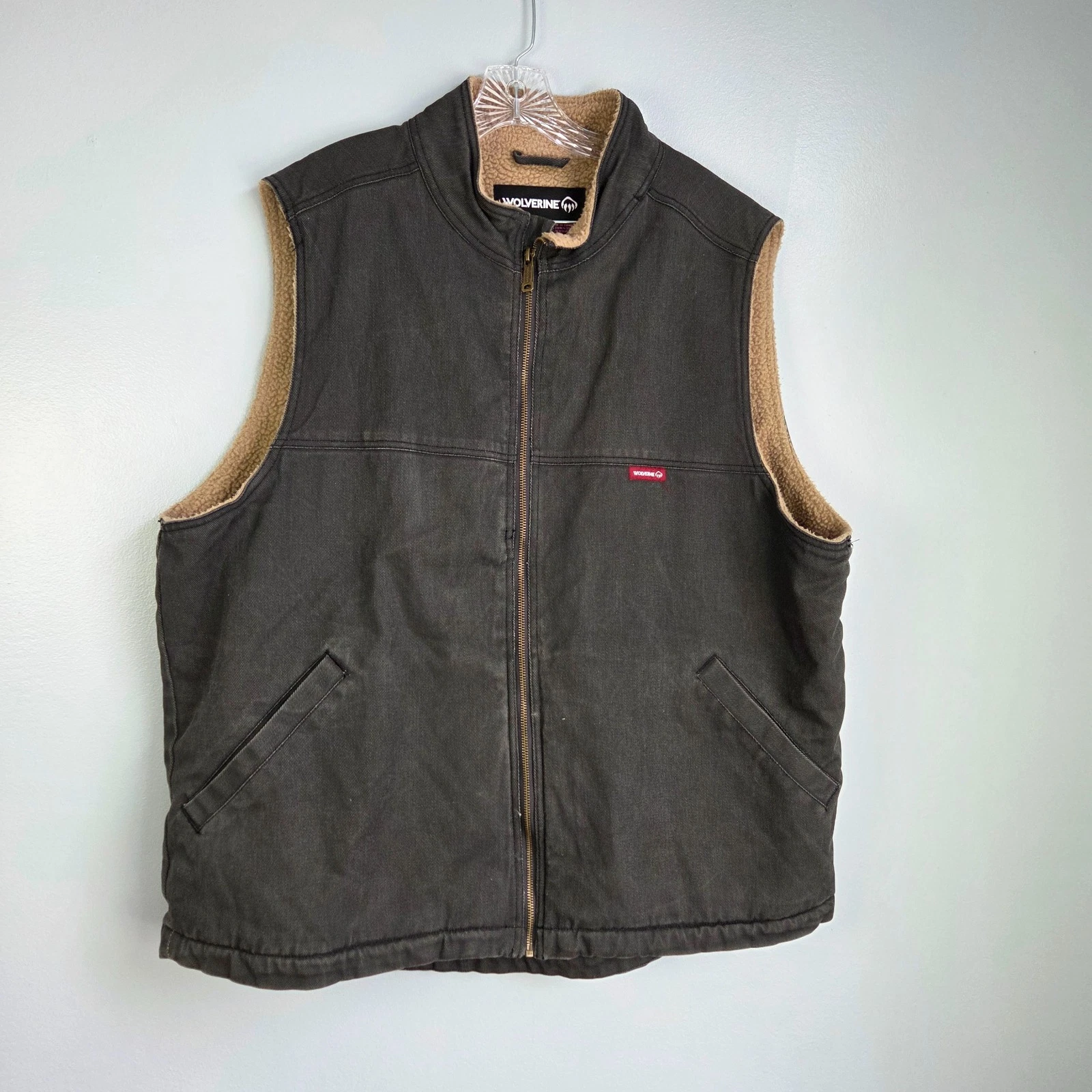 Wolverine Vest Mens XXL Gray Canvas Fleece Lined Full Zip Up Work Utility ^