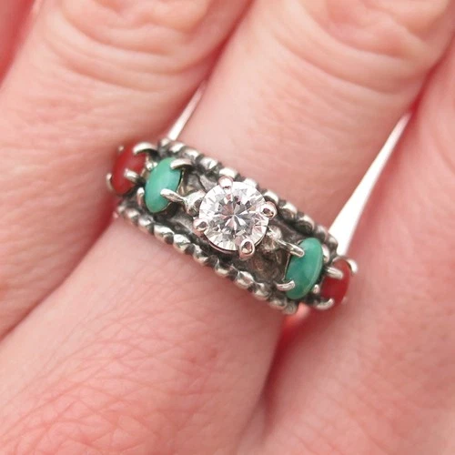 Carolyn Pollack 925 Sterling Vintage Real Turquoise Coral & C Z Ring Size 7.25