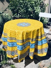 French Marat Avignon Coated Tablecloth Flowers Round Made in France 68” Diameter