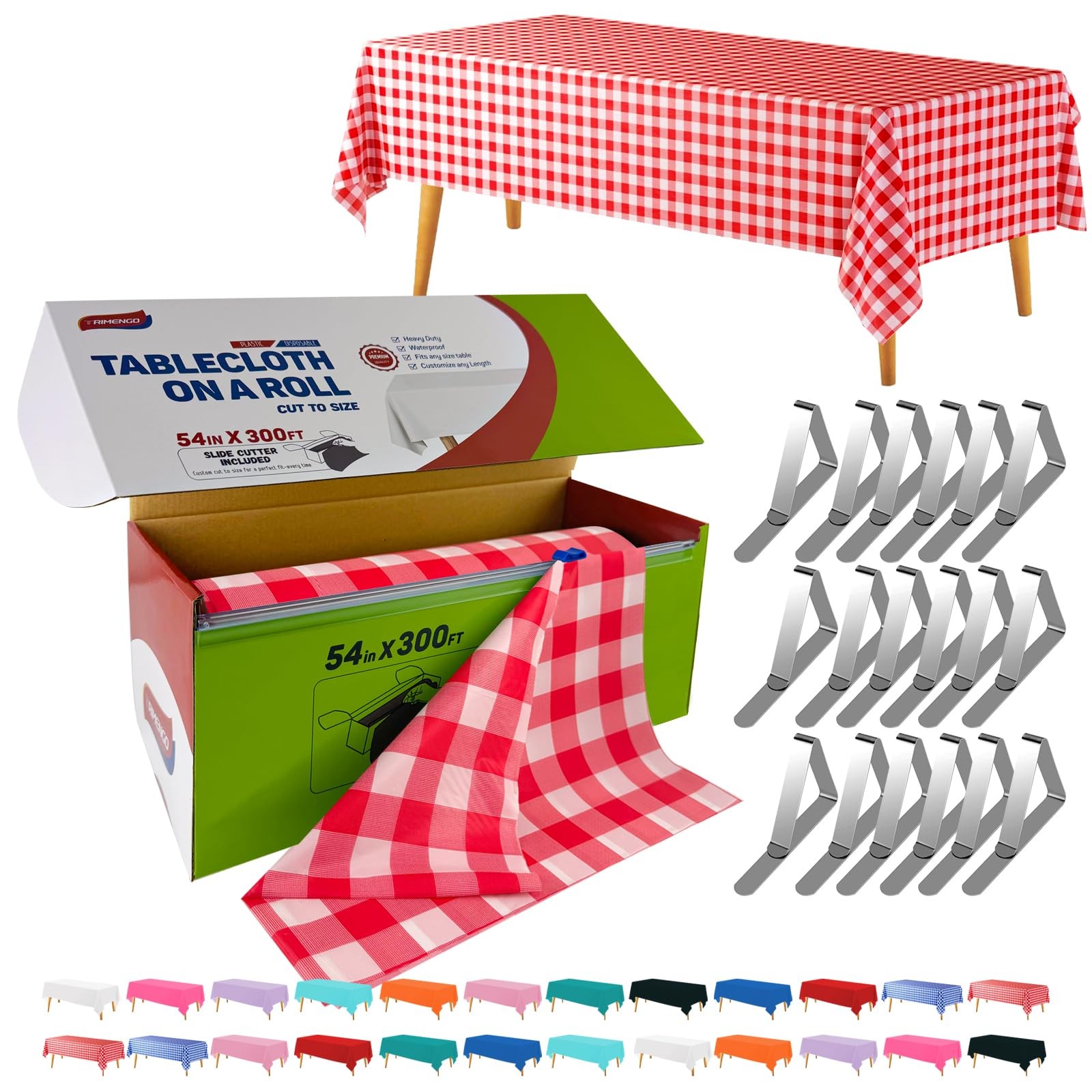 TRIMENGO 54in x 300Ft Red Gingham Plastic Table Cloth Roll with 18 Pcs Stainl...