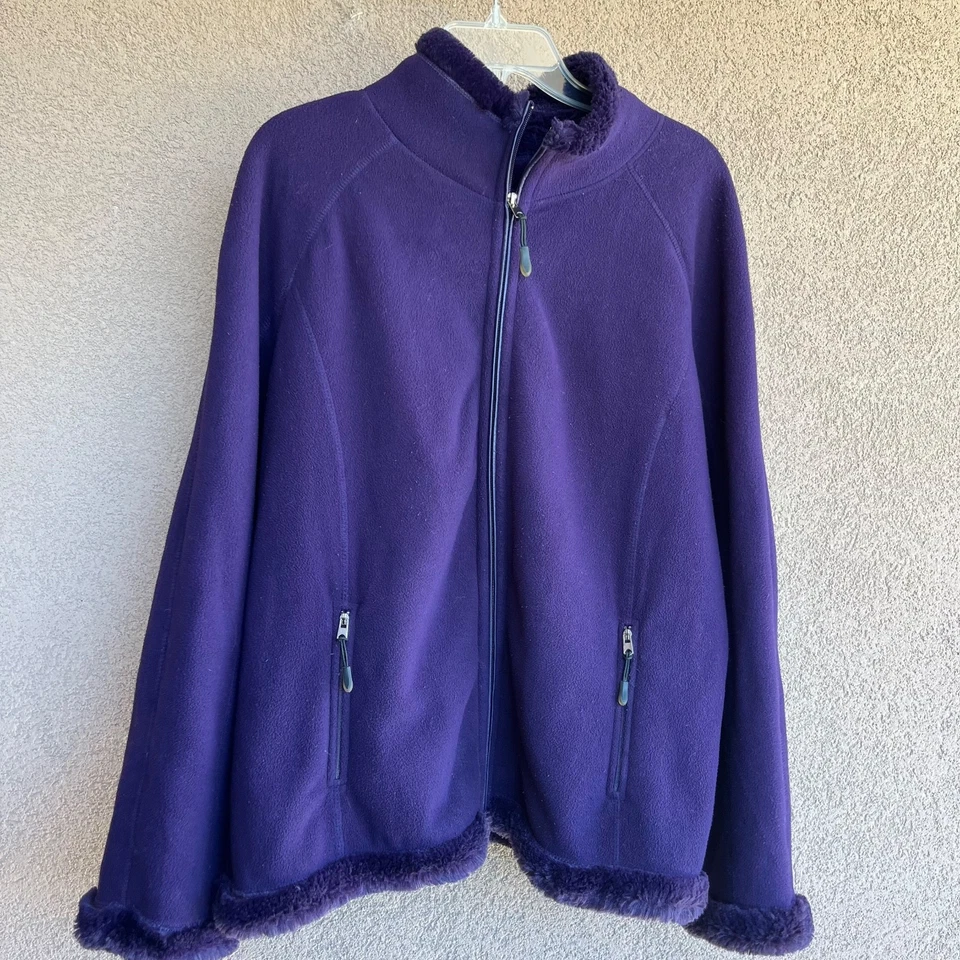 Green Tea Jacket Womens XL Royal Purple Sherpa Lined Fleece Faux Fur Zip Coat - Image 2 of 4