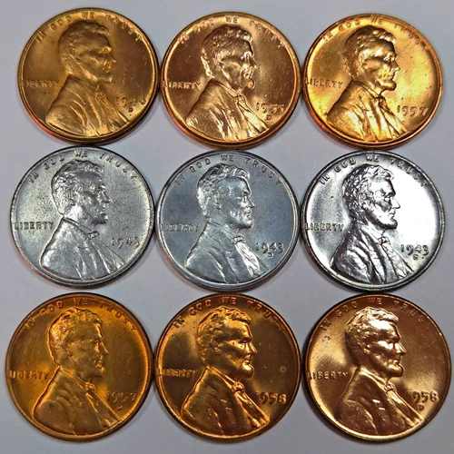 9 Lincoln Wheat Cents 1943 Steel Set Uncirculated All Different Dates! (Lot#19)