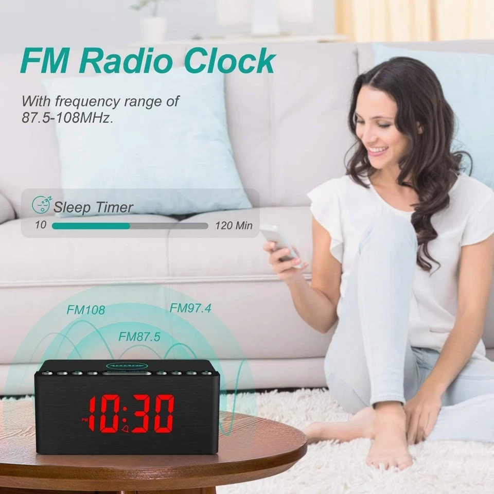 Wooden Digital Alarm Clock FM Radio with Wireless Charger - Image 4 of 4