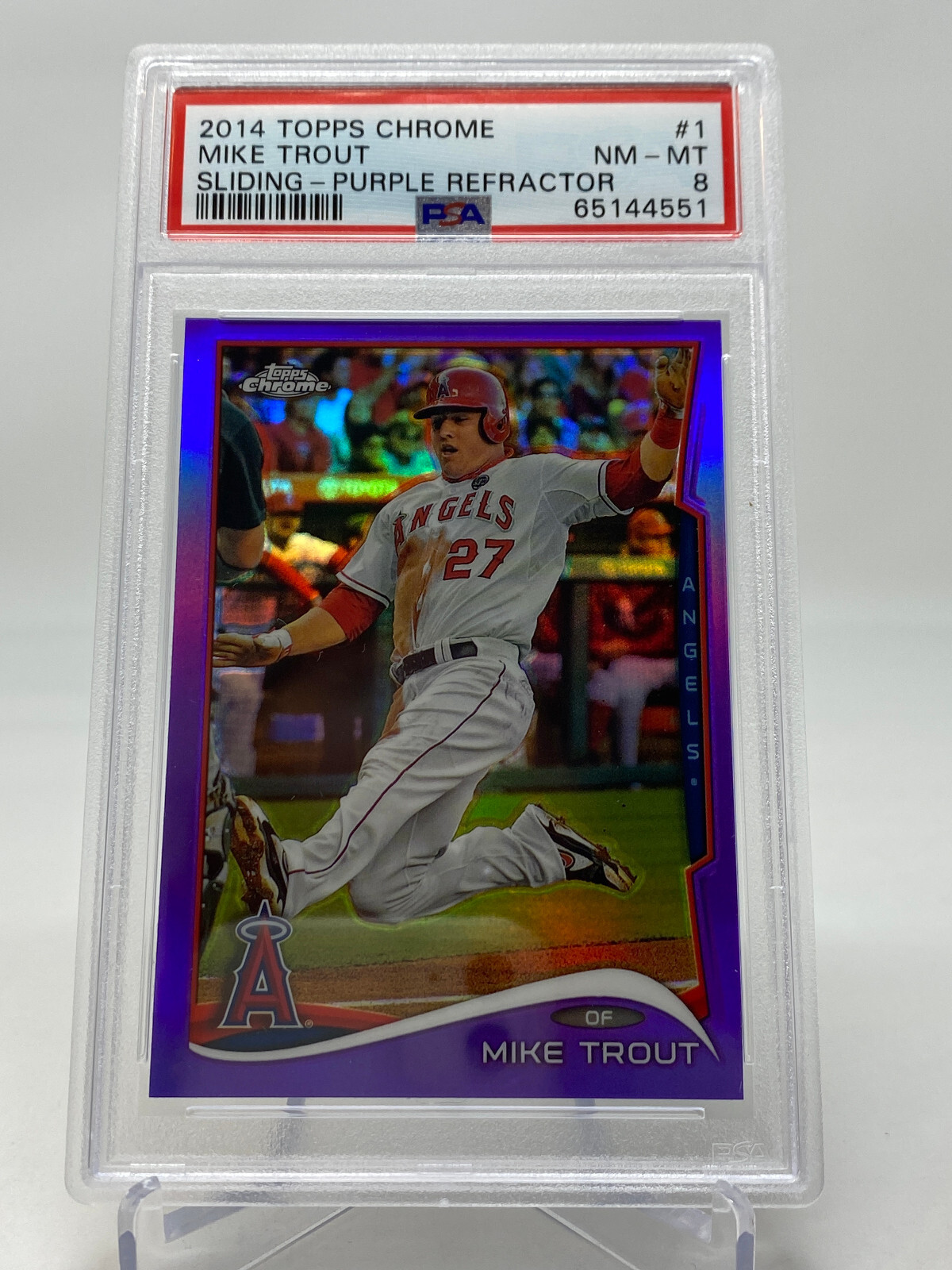 2014 Topps Chrome #1 Mike Trout Sliding PURPLE REFRACTOR - PSA 8 - POP 99 view 7