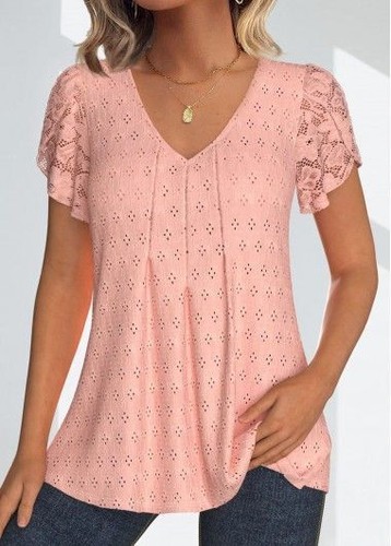 Ladies Lace Blouse Tunic V neck Floral Top Swing Casual Loose Hollow Holiday Tee - Picture 5 of 12