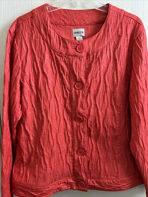Chicos Jacket Size 2 Coral Solid Button Up L/S Textured Short Coat Elegant EUC