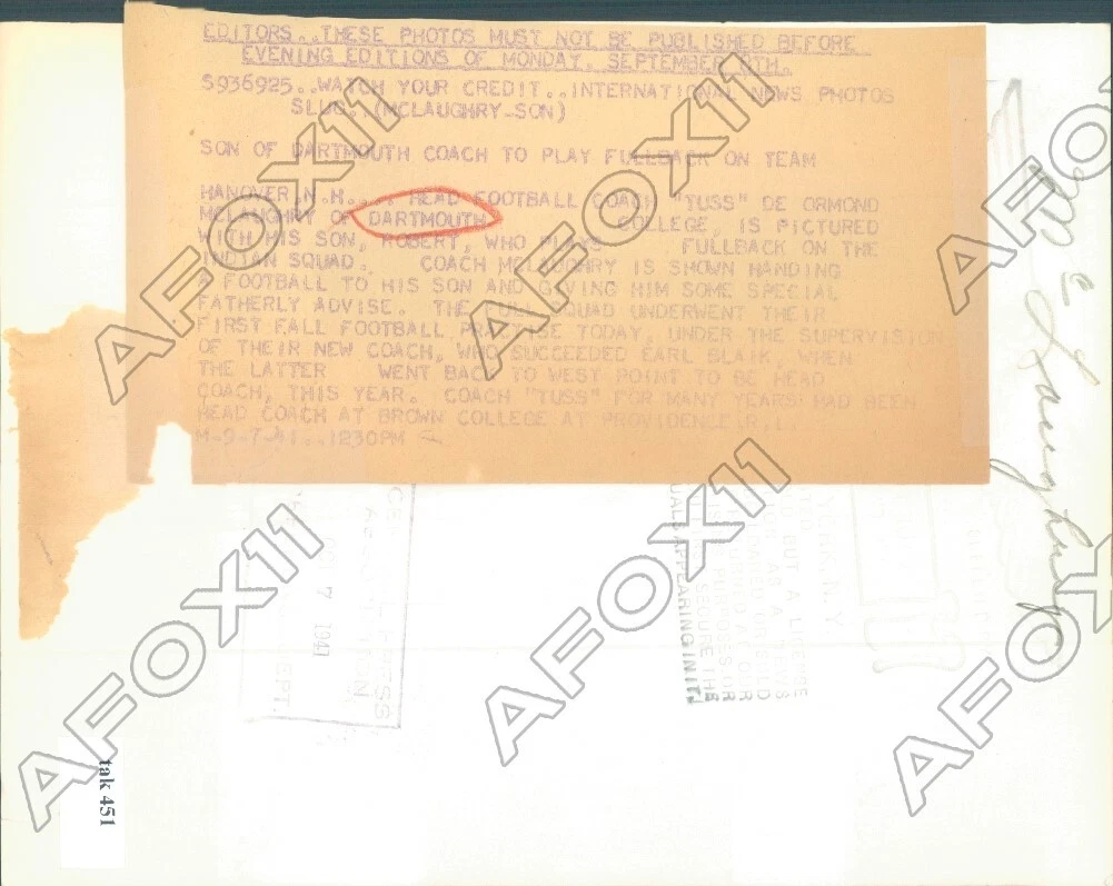 1941 Dartmouth College Football Hall of Fame Coach McLaughry & Son Press Photo - 画像2/2